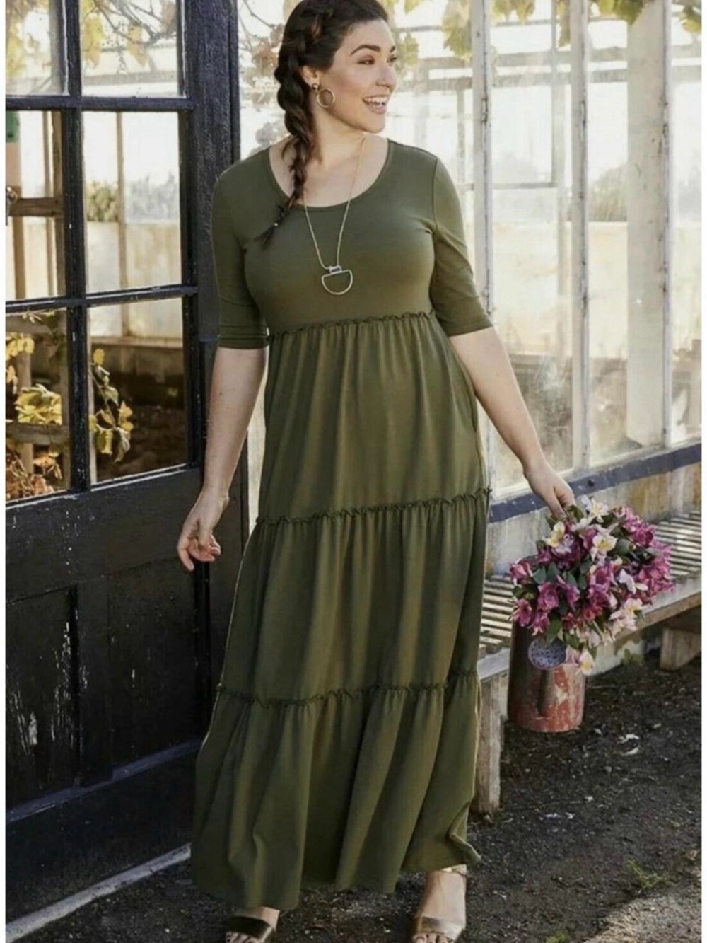 Matilda Jane Olive Tiered Maxi Dress with Three-Quarter Sleeves
